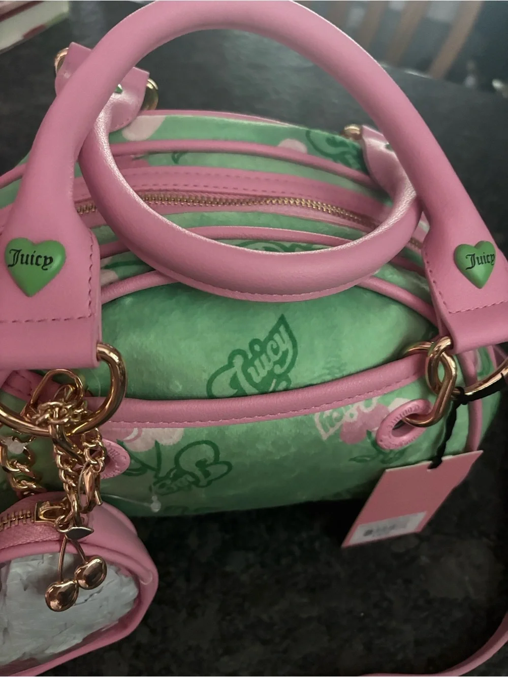 NWT Juicy Couture Retro Pink & Green Barrel Satchel with Cherry Gelato Accent - Picture 6 of 12